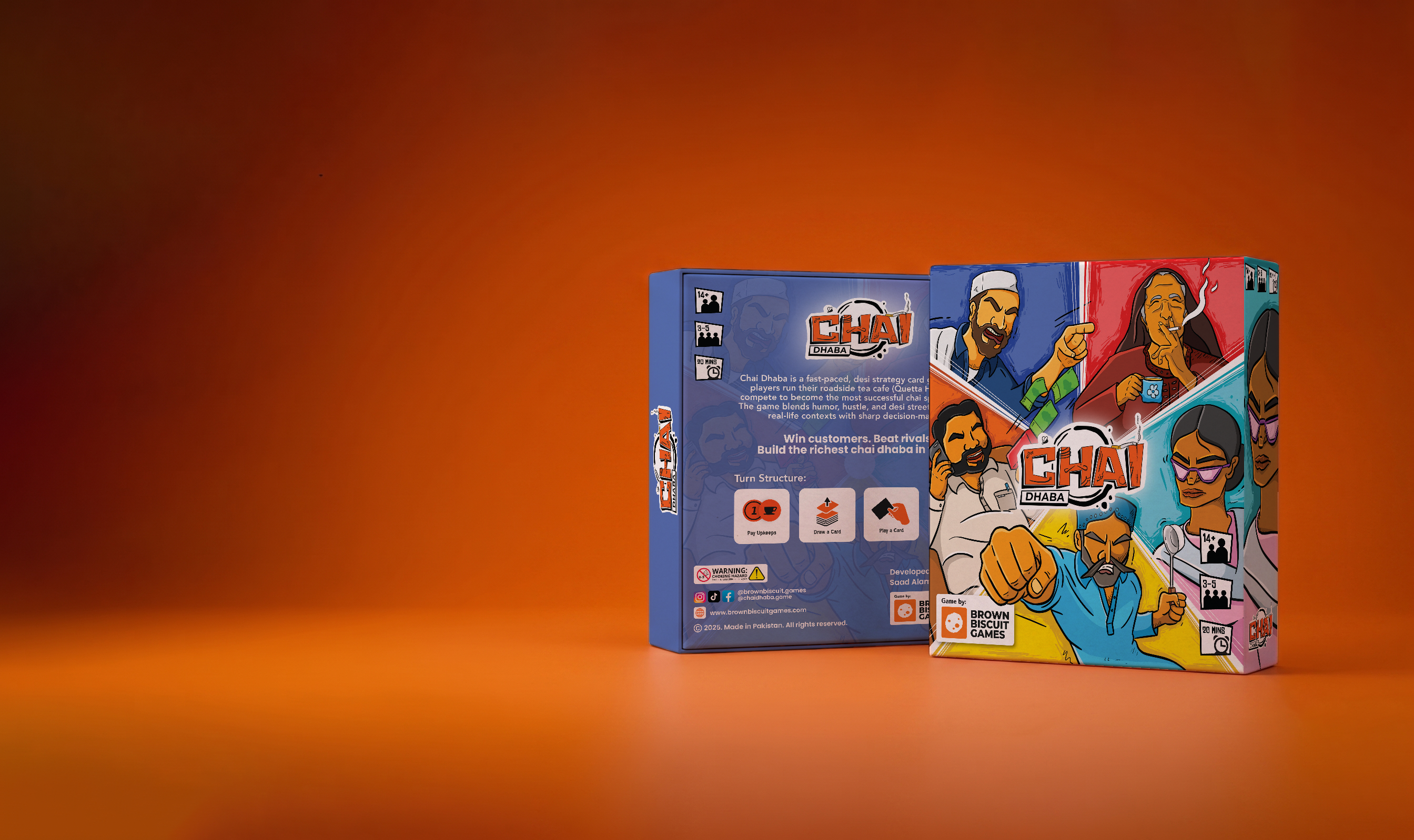 Board game box titled 'Chai' with colorful illustrations on an orange background